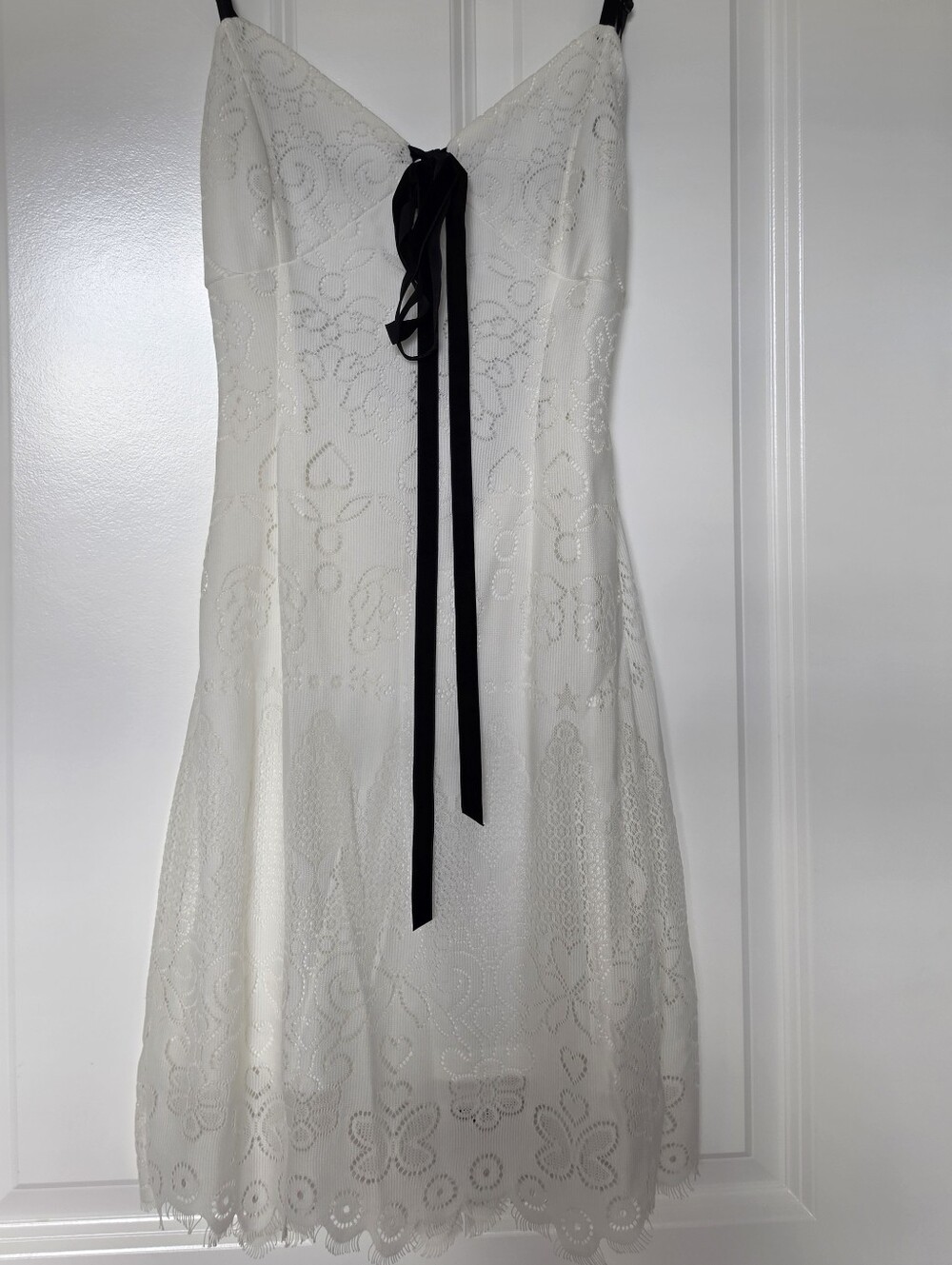 Fashion Nova White Lace Backless Dress with Black Ribbon